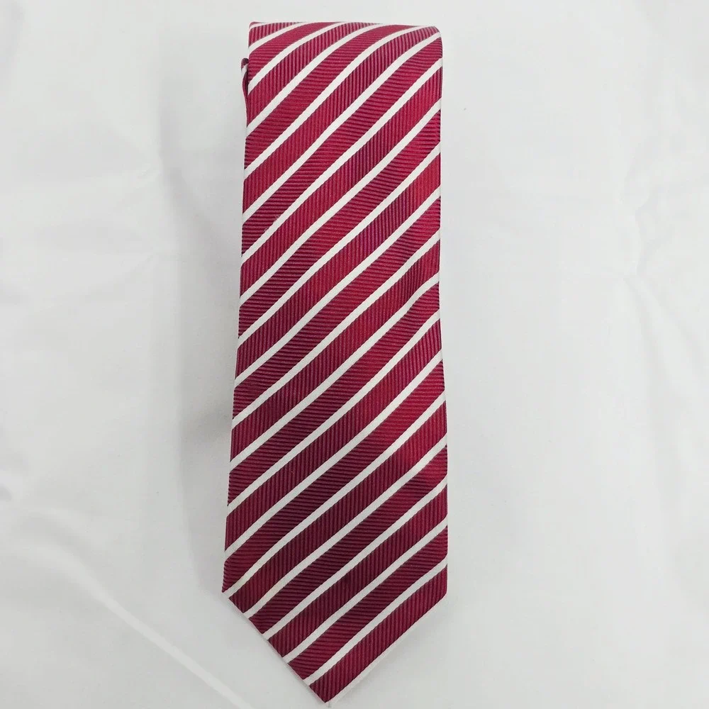 Haines & Bonner of London Necktie Red White Striped Silk‎ Handmade Men's Tie